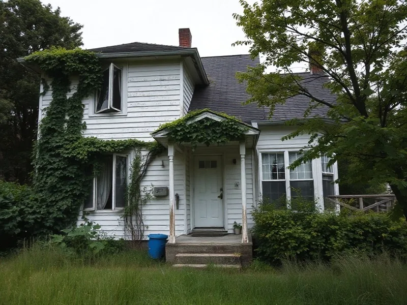 Distressed home with overgrowth